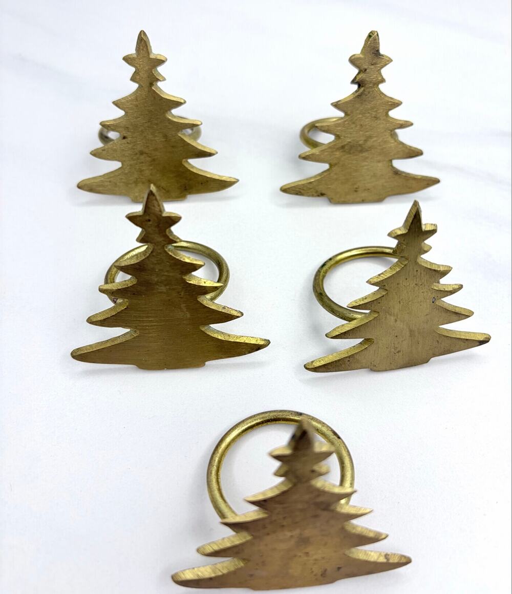 Vintage Crate & Barrel Brass Christmas Tree Napkin Rings Set of 5 Holiday Decor